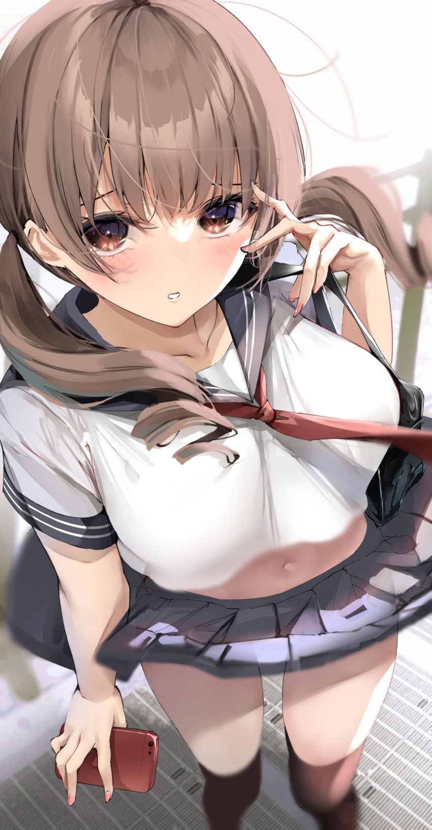 1girl bag bangs banned_artist blue_sailor_collar blue_skirt breasts brown_eyes brown_hair brown_thighhighs cellphone fay_(fay_axl) highres holding holding_phone large_breasts long_hair looking_at_viewer neckerchief original parted_lips phone red_neckerchief sailor_collar school_bag school_uniform serafuku shirt skirt solo standing thighhighs twintails white_shirt