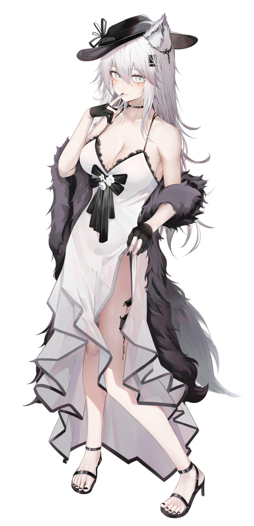 1girl animal_ear_fluff animal_ears arknights bad_anatomy bangs bow breasts cleavage coat finger_to_mouth flower fur-trimmed_coat fur_trim gloves grey_eyes hair_between_eyes hair_ornament hairclip hat high_heels highres lappland_(arknights) long_hair looking_at_viewer partially_fingerless_gloves ru_zhai scar scar_across_eye scar_on_face solo two-tone_dress white_background wolf_ears