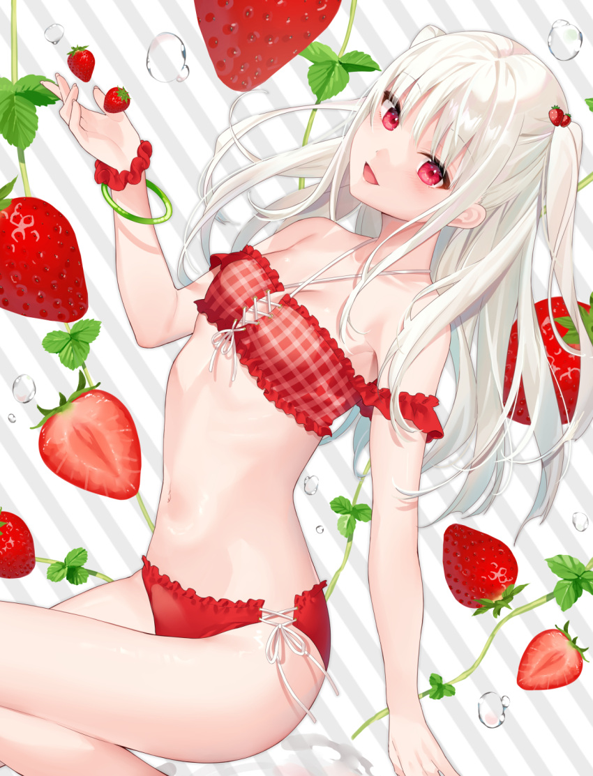 1girl bare_shoulders bekotarou bikini breasts criss-cross_halter food frilled_bikini frills fruit hair_ornament halterneck hand_up highres long_hair looking_at_viewer navel open_mouth original plaid plaid_bikini red_bikini red_eyes scrunchie small_breasts smile solo stomach strawberry swimsuit thighs two_side_up white_hair wrist_scrunchie