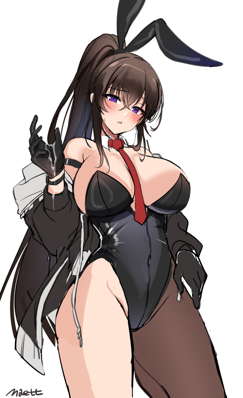 1girl absurdres animal_ears arm_strap bare_shoulders between_breasts black_choker black_gloves black_hair black_jacket black_leotard breasts brown_pantyhose choker counter:side covered_navel cowboy_shot detached_collar fake_animal_ears frown gloves highleg highleg_leotard highres jacket large_breasts leotard long_hair long_sleeves looking_at_viewer maett necktie off_shoulder open_clothes open_jacket open_mouth pantyhose playboy_bunny ponytail purple_eyes rabbit_ears sidelocks simple_background single_leg_pantyhose solo standing strapless strapless_leotard suggestive_fluid thighs very_long_hair white_background wristband yoo_mina