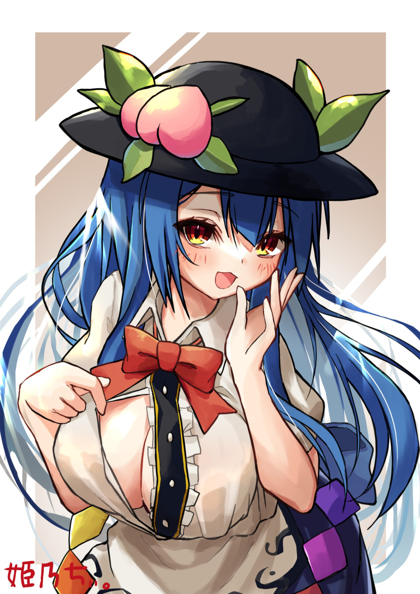 1girl absurdres bangs black_headwear blue_hair border bow bowtie breasts brown_background cleavage clothes_pull collared_shirt food fruit highres hinanawi_tenshi hira-san large_breasts leaf long_hair looking_at_viewer open_mouth peach pulled_by_self red_bow red_bowtie red_eyes shirt shirt_pull signature smile touhou upper_body white_border
