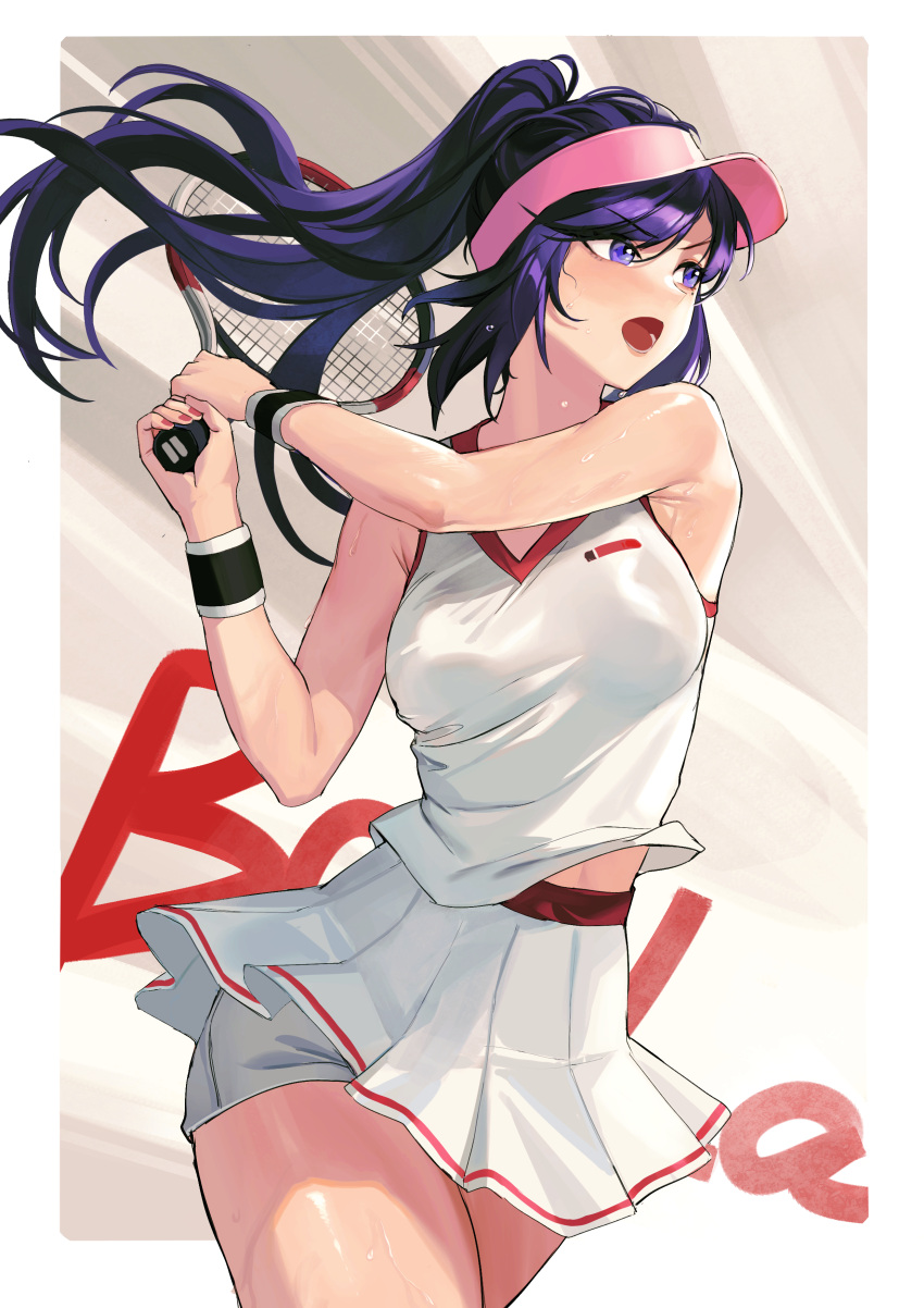 1girl a-soul absurdres bangs bare_shoulders bella_(a-soul) chuck_(harfmoondark) flying_sweatdrops hair_blowing highres holding holding_racket looking_ahead messy_hair open_mouth ponytail purple_eyes purple_hair racket sidelocks skirt sportswear sweat swept_bangs swinging tennis_racket tennis_uniform thighs visor_cap wind wind_lift wrist_cuffs