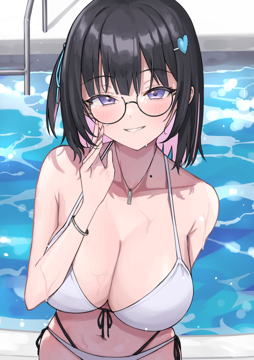 1girl absurdres arm_behind_back asashin_(asn) bare_shoulders bikini black_hair blue_ribbon blush breasts cleavage collarbone commentary_request front-tie_bikini front-tie_top grin hair_ornament hair_ribbon halterneck hand_to_own_face heart heart_hair_ornament highres large_breasts looking_at_viewer mole narrowed_eyes navel one_side_up original pool poolside purple_eyes ribbon side-tie_bikini smile solo stomach string_bikini swimsuit upper_body water water_drop wet whistle whistle_around_neck white_bikini