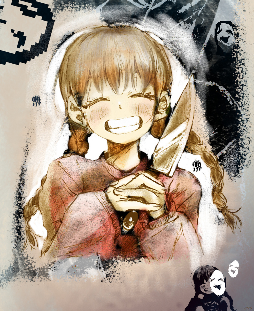 1girl blush braid brown_hair closed_eyes facing_viewer grin highres holding holding_knife knife long_hair madotsuki omocat parted_lips smile solo teeth twin_braids uboa upper_body yume_nikki