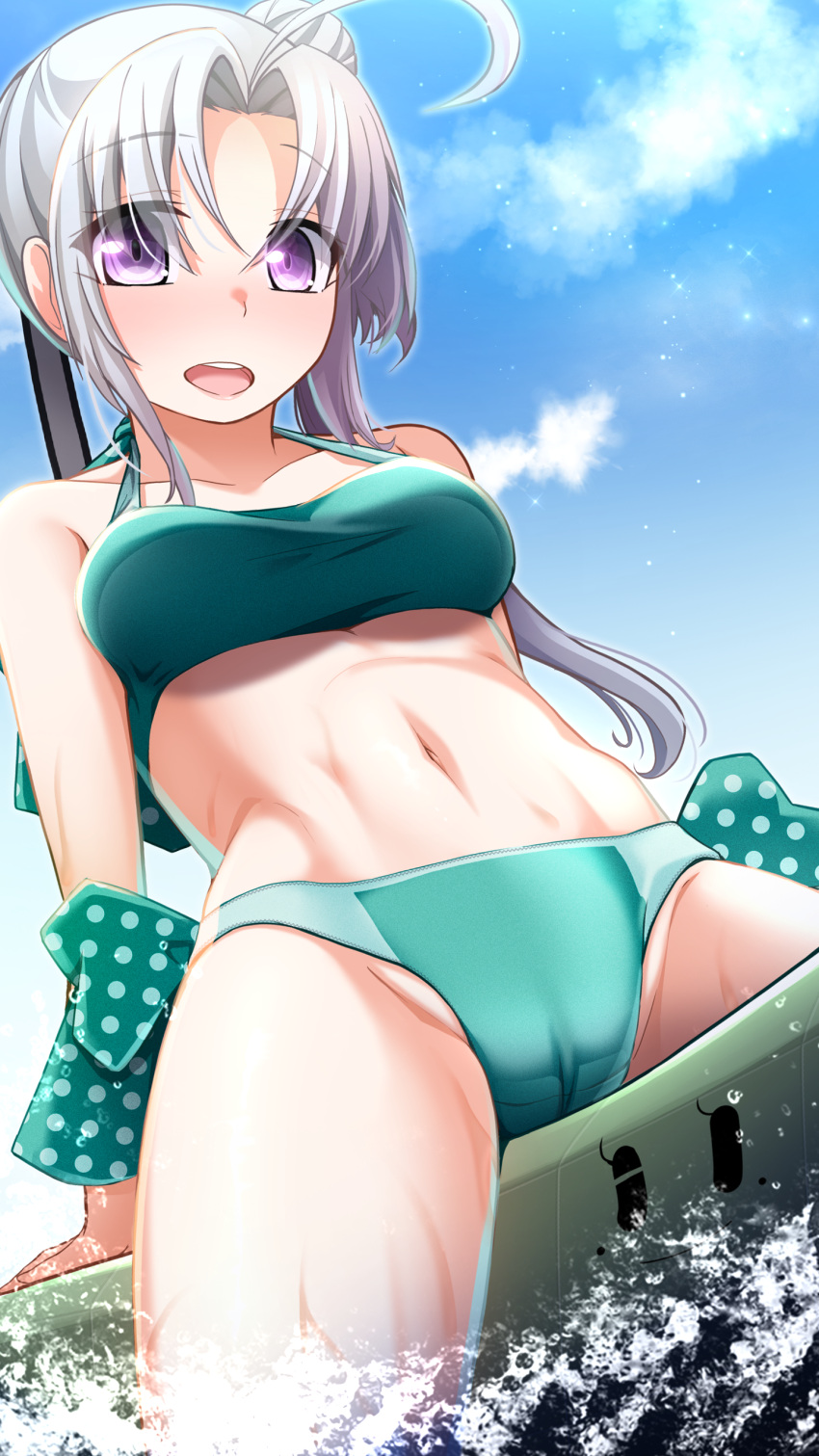 1girl absurdres ahoge aircraft airplane akitsushima_(kancolle) bikini breasts cameltoe flying_boat green_bikini grey_hair h8k highres kantai_collection long_hair medium_breasts narashika_asuka navel nishikitaitei-chan purple_eyes side_ponytail sidelocks swimsuit