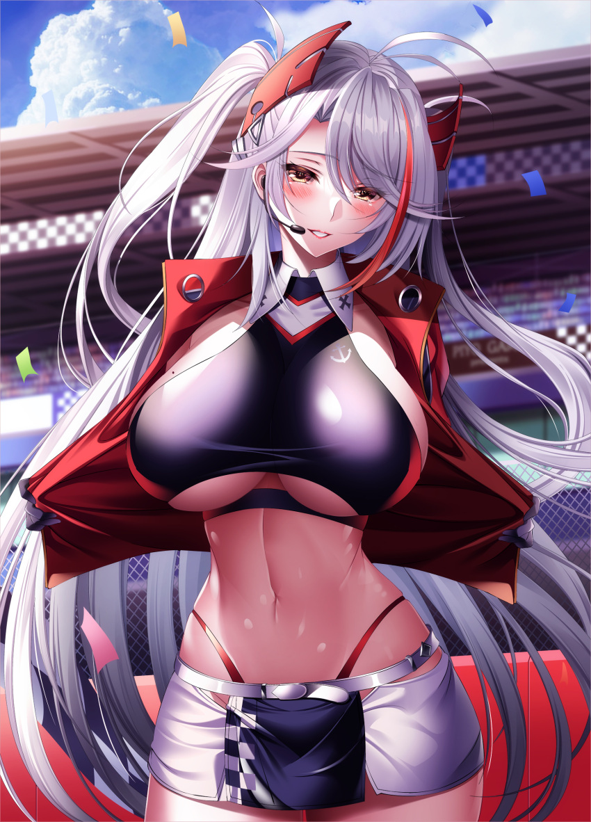 1girl absurdres antenna_hair azur_lane bangs belt black_gloves black_shirt blue_sky blush breasts checkered_flag clothing_cutout cloud collared_shirt commentary_request confetti cowboy_shot cropped_jacket cropped_shirt day earpiece flag flashing gloves groin hair_between_eyes half_gloves headgear highleg highleg_panties highres jacket large_breasts long_hair looking_at_viewer mole mole_on_breast multicolored_hair navel official_alternate_costume open_clothes orange_eyes outdoors panties parted_lips prinz_eugen_(azur_lane) prinz_eugen_(final_lap)_(azur_lane) race_queen racetrack red_hair red_panties shirt sideboob sidelocks skirt sky smile solo standing stomach streaked_hair thighhighs two-tone_skirt two_side_up underboob underboob_cutout underwear very_long_hair white_belt white_hair yuuzuki_hijiri