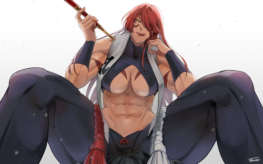 1girl abs body_markings breasts facial_mark fuuma_kotarou_(tenkaichi) hair_over_one_eye hand_on_own_chin highres holding holding_smoking_pipe licking_lips long_hair looking_at_viewer muscular muscular_female pants red_hair revealing_clothes simple_background smoking_pipe solo spread_legs sunsirou tenkaichi_nihon_saikyou_bugeisha_ketteisen tight tight_pants tongue tongue_out white_background wristband yellow_eyes