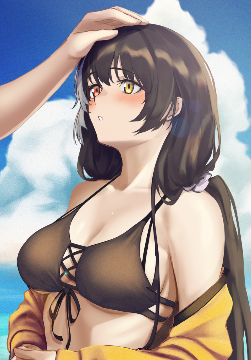 1girl 3_small_spiders absurdres bikini black_hair cloud front-tie_bikini front-tie_top girls'_frontline green_eyes hair_ornament hair_scrunchie hand_on_another's_head headpat heterochromia highres jacket long_hair low_twintails multicolored_hair ocean off_shoulder open_clothes open_jacket out_of_frame own_hands_together red_eyes ro635_(girls'_frontline) scrunchie streaked_hair swimsuit twintails upper_body white_hair yellow_jacket