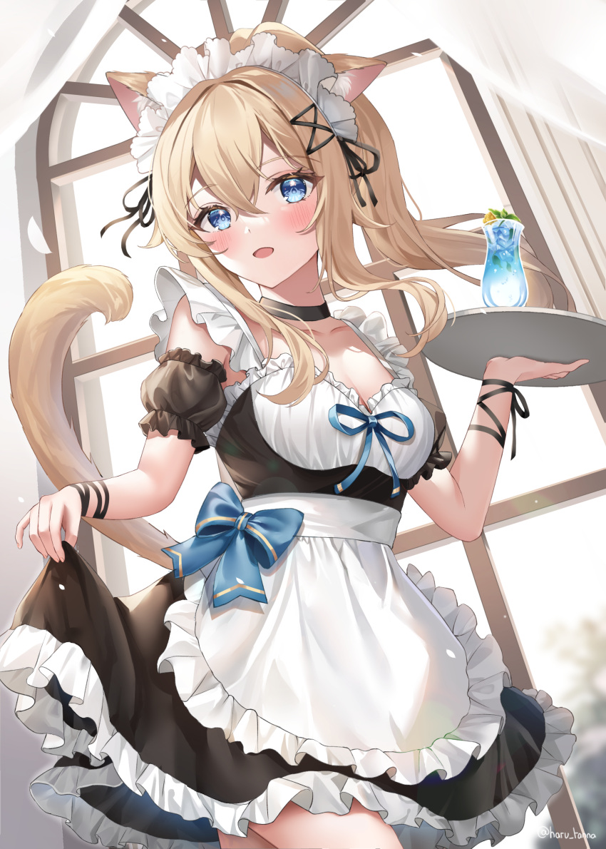 1girl absurdres alternate_costume animal_ear_fluff animal_ears apron black_choker black_dress black_ribbon blonde_hair blue_bow blue_eyes blush bow breasts cat_ears cat_girl choker cleavage detached_sleeves dress drink enmaided floating_hair frilled_apron frilled_dress frilled_hairband frilled_sleeves frills genshin_impact hairband harukix highres holding holding_tray indoors jean_(genshin_impact) looking_to_the_side maid maid_apron medium_breasts open_mouth ribbon sidelocks skirt_hold smile solo standing tail tray twitter_username white_hairband wrist_ribbon yellow_tail