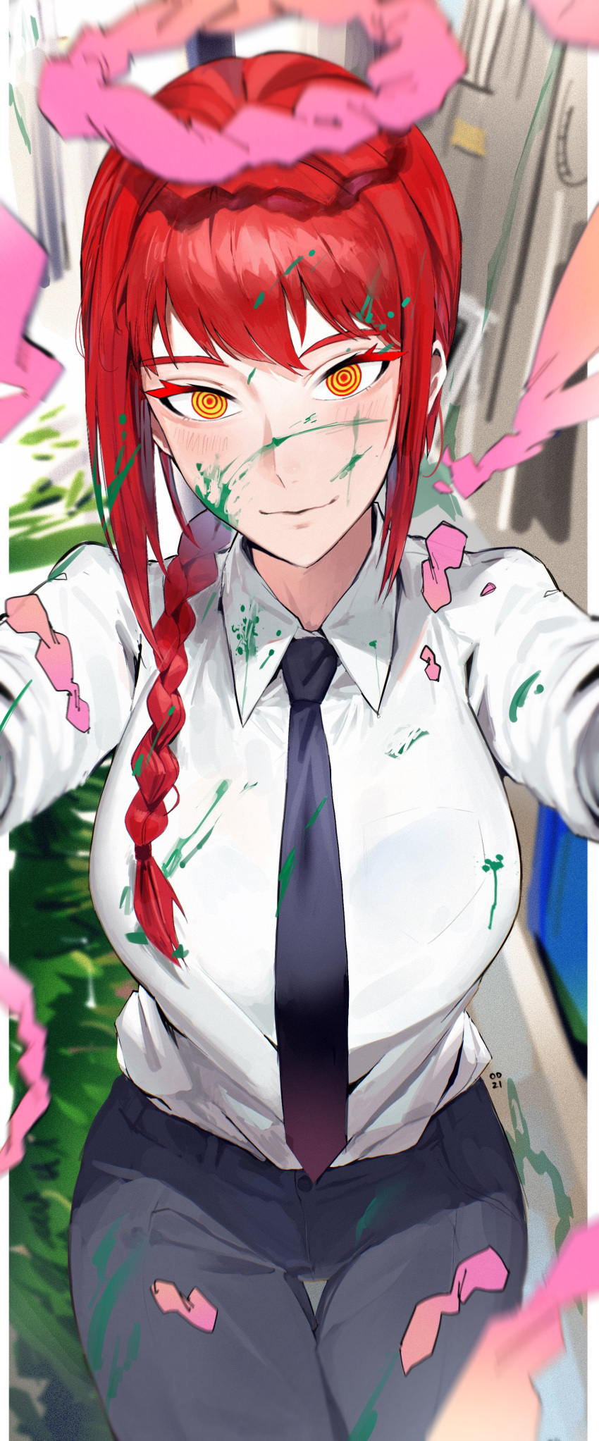 1girl absurdres bangs black_necktie black_pants blood blood_on_clothes blood_on_face braid chainsaw_man collared_shirt colored_eyelashes cowboy_shot formal green_blood halo highres incoming_hug long_hair long_sleeves looking_at_viewer makima_(chainsaw_man) necktie odyssey_21 outstretched_arms pants pov red_hair red_pupils ringed_eyes shirt side_braid single_braid smile solo standing stylized_blood white_shirt yellow_eyes