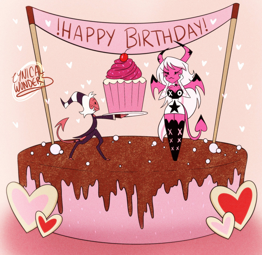 &lt;3 armwear banner big_breasts birthday birthday_cake black_boots black_bottomwear black_clothing black_footwear black_gloves black_handwear black_jacket black_pants black_topwear boots bottomwear breasts cake cherry chibi claws clothed clothing cupcake cynical_wonders demon dessert duo elbow_gloves female fingerless_gloves food footwear freckles frosting fruit gloves hair hand_on_cheek handwear helluva_boss hi_res hooves horn humanoid imp jacket larger_female legwear long_hair male male/female moxxie_(helluva_boss) not_furry pants pink_body pink_hair plant plate red_body size_difference smaller_male smile spade_tail succubus thigh_boots thigh_highs topwear verosika_mayday_(helluva_boss) white_clothing white_gloves white_hair white_handwear wings