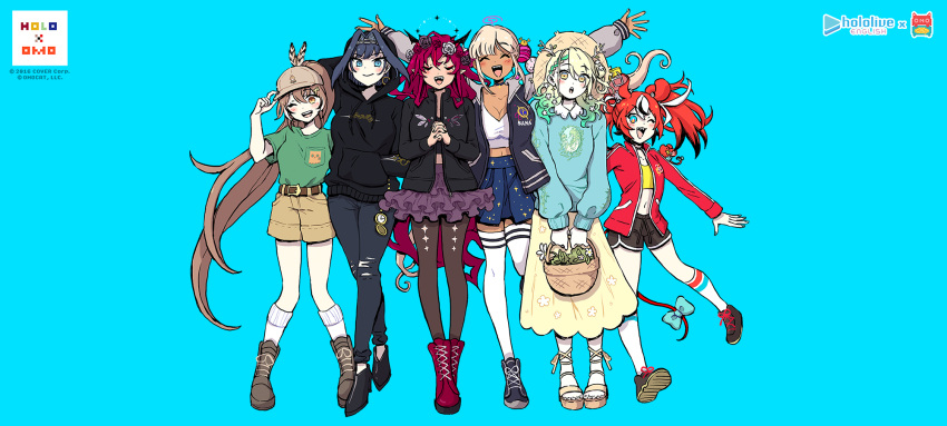 6+girls :o ahoge alternate_costume animal_ears bangs baseball_cap basket belt black_hair black_hoodie black_jacket blonde_hair blue_hair blue_skirt blue_sweater boots braid braided_bangs breasts brown_eyes brown_hair casual ceres_fauna cleavage closed_eyes crop_top dark-skinned_female dark_skin denim dolphin_shorts earrings feather_hair_ornament feathers flower friend_(nanashi_mumei) frilled_skirt frills green_hair green_shirt gym_shorts hair_flower hair_intakes hair_ornament hairclip hakos_baelz hat head_chain highres holocouncil hololive hololive_english hood hoodie horns irys_(hololive) jacket jeans jewelry kneehighs large_breasts limiter_(tsukumo_sana) long_hair long_skirt medium_breasts mouse_ears mouse_girl mouse_tail mr._squeaks_(hakos_baelz) multicolored_hair multiple_girls nail_polish nanashi_mumei official_art omocat one_eye_closed ouro_kronii pants planet_hair_ornament ponytail purple_hair purple_skirt red_hair red_track_suit sandals shirt shirt_tucked_in short_hair shorts skirt small_breasts smile socks star_(symbol) star_print straw_hat streaked_hair sweater t-shirt tail thighhighs tsukumo_sana twintails very_long_hair virtual_youtuber white_hair yatagarasu_(tsukumo_sana) yellow_eyes