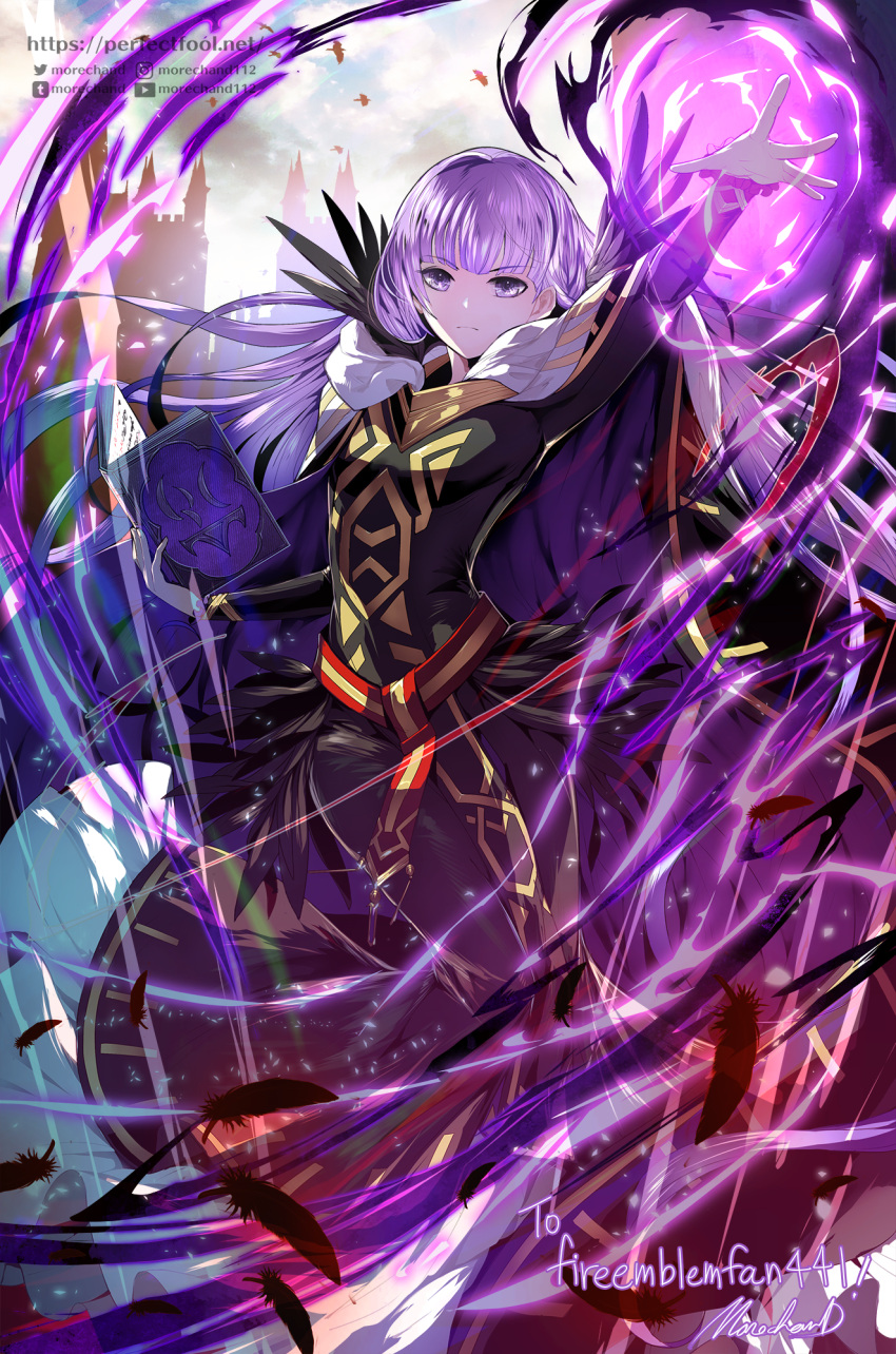 1girl absurdly_long_hair arm_up black_dress black_feathers book castle commission dress fantasy feathers fire fire_emblem fire_emblem:_the_binding_blade fire_emblem_heroes highres holding holding_book long_hair long_sleeves moreshan official_alternate_costume pixiv_request purple_eyes purple_fire purple_hair serious signature skeb_commission solo sophia_(fire_emblem) tumblr_username twitter_username very_long_hair