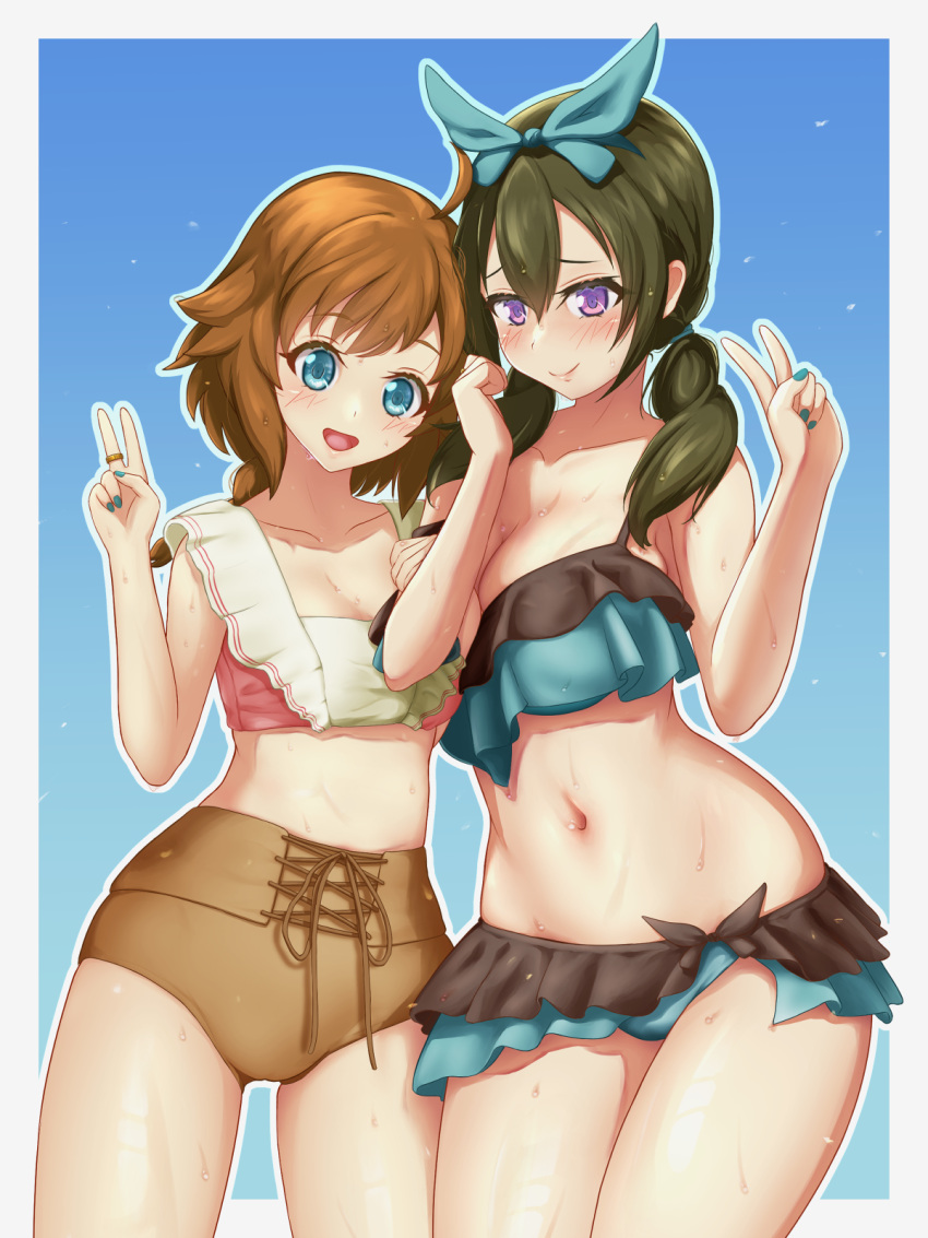 2girls :d assault_lily bangs bare_arms bare_shoulders bikini bikini_shorts black_bikini blue_background blue_bikini blue_bow blue_eyes blue_nails blue_outline blush border bow braid braided_ponytail breast_press breasts brown_hair cleavage closed_mouth commentary_request cowboy_shot cross-laced_bikini cross-laced_clothes fingernails frilled_bikini frills futagawa_fumi gradient gradient_background gradient_outline green_hair hair_between_eyes hair_bow hand_on_another's_arm hands_up highres jewelry large_breasts layered_bikini light_particles locked_arms looking_at_viewer low_ponytail low_twin_braids medium_breasts mismatched_bikini multiple_girls nail_polish navel open_mouth outline outside_border pink_bikini purple_eyes raised_eyebrows ring shorts side-by-side smile standing stomach swimsuit twin_braids two-tone_bikini ueharu v water_drop wet wet_hair white_bikini white_border white_outline yamanashi_hibari