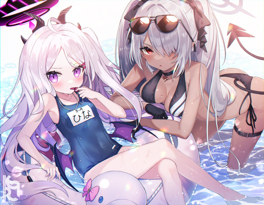 2girls ahoge bangs barefoot bikini black_bikini black_bow black_choker black_gloves blowing_whistle blue_archive blue_swimsuit blush bow breasts choker cleavage collarbone crossed_legs dark-skinned_female dark_skin demon_tail demon_wings eyewear_on_head gloves grey_hair hair_bow hair_over_one_eye halo halter_top halterneck highres hina_(blue_archive) hina_(swimsuit)_(blue_archive) holding holding_whistle horns innertube iori_(blue_archive) iori_(swimsuit)_(blue_archive) kneeling long_hair looking_at_viewer low_wings medium_breasts multiple_girls name_tag one-piece_swimsuit parted_bangs pointy_ears poncho_(31103105) purple_eyes red_eyes revision school_swimsuit side-tie_bikini sitting small_breasts sunglasses swimsuit tail tail_raised thigh_strap very_long_hair water wet whistle whistle_around_neck white_hair wings
