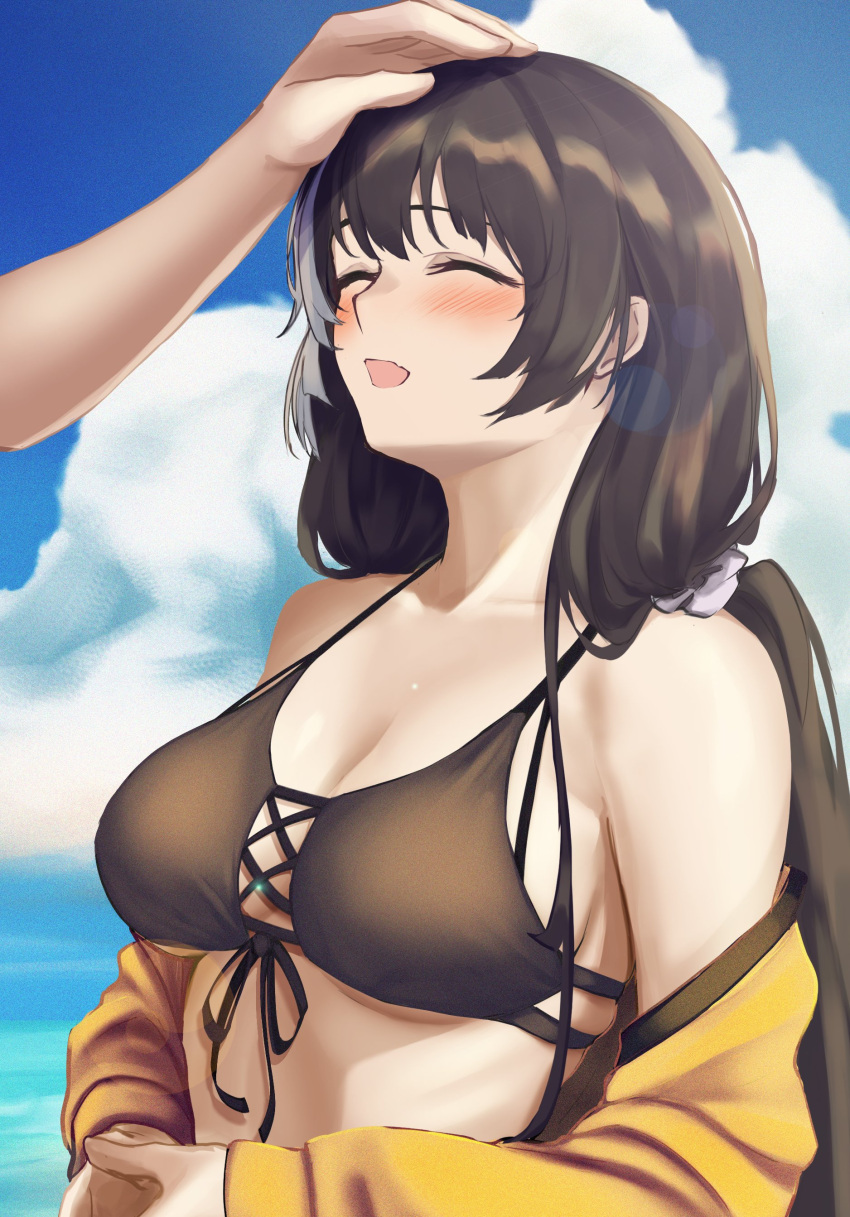 1girl 3_small_spiders absurdres bikini black_hair closed_eyes cloud front-tie_bikini front-tie_top girls'_frontline hair_ornament hair_scrunchie hand_on_another's_head headpat highres jacket long_hair low_twintails multicolored_hair ocean off_shoulder open_clothes open_jacket out_of_frame own_hands_together ro635_(girls'_frontline) scrunchie smile streaked_hair swimsuit twintails upper_body white_hair yellow_jacket