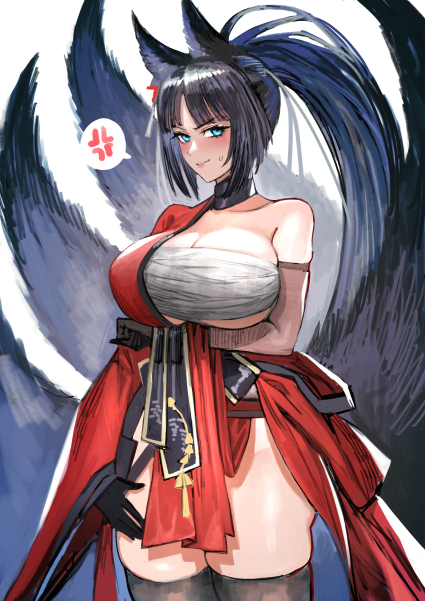 1girl absurdres anger_vein animal_ears arm_under_breasts azur_lane black_gloves black_hair blue_eyes blush breasts cleavage collarbone fox_ears fox_tail gloves highres japanese_clothes kaki_z3 kii_(azur_lane) kitsune large_breasts long_hair looking_at_viewer multiple_tails ponytail revealing_clothes sarashi simple_background solo speech_bubble tail thighhighs upper_body white_background