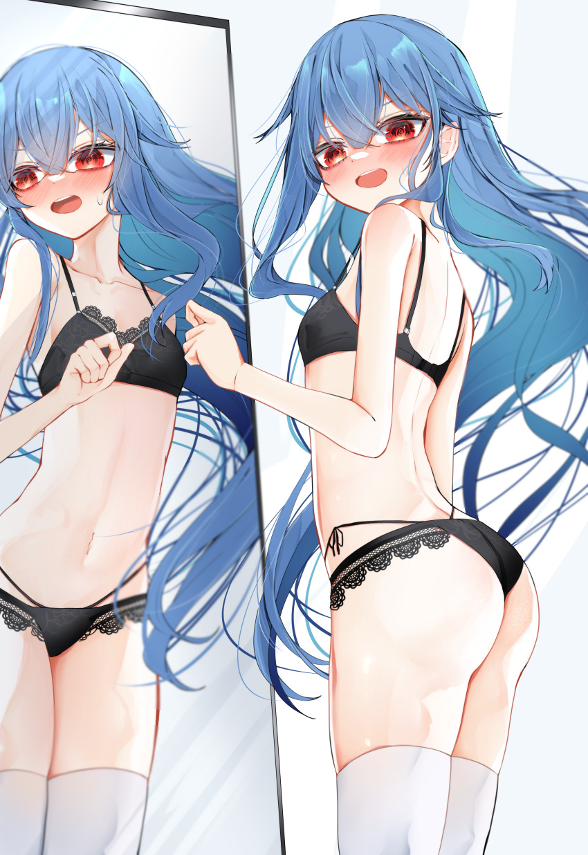 1girl absurdres ass black_bra black_panties blue_hair blush bra breasts collarbone hair_between_eyes highres hinanawi_tenshi long_hair looking_at_viewer mirror navel no_hat no_headwear open_mouth panties red_eyes reflection small_breasts solo standing teeth thighhighs touhou tsune_(tune) underwear upper_teeth white_thighhighs