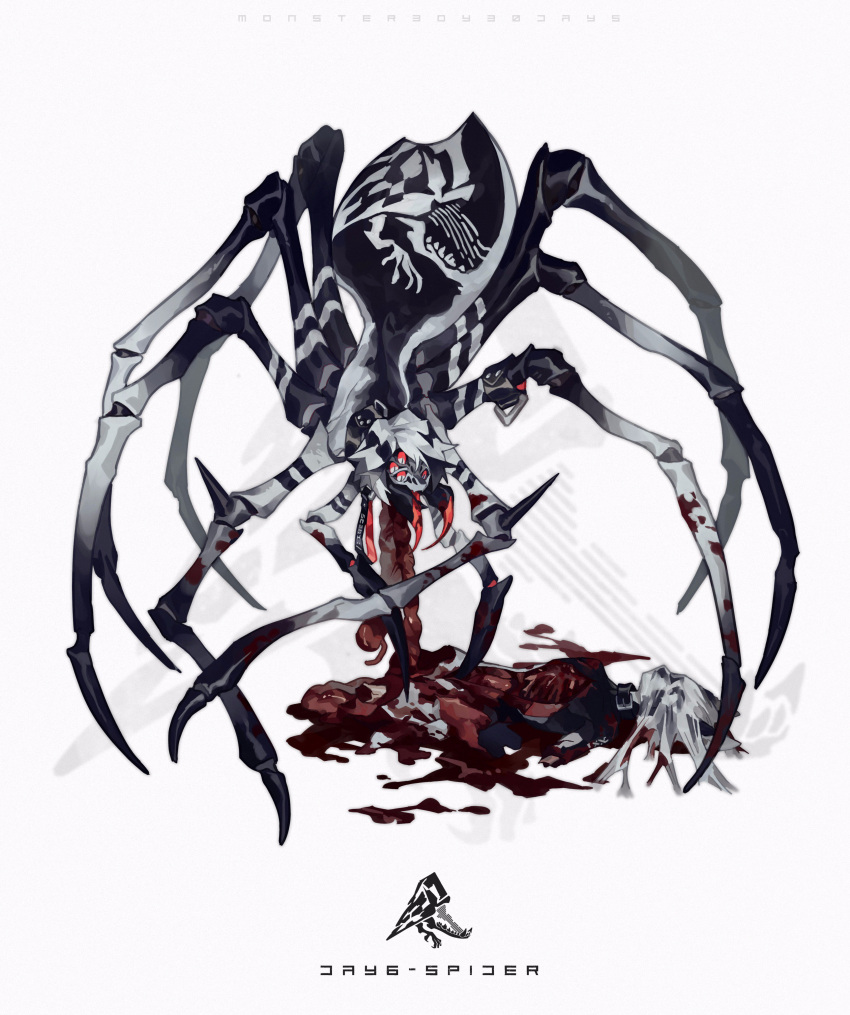 1boy absurdres arthropod_boy black_collar black_hair blood collar corpse entrails extra_eyes full_body guro highres intestines keroreud male_focus mandibles monster multicolored_eyes multicolored_hair open_mouth organs original red_eyes short_hair slit_pupils solo spider_boy two-tone_hair white_background white_eyes white_hair