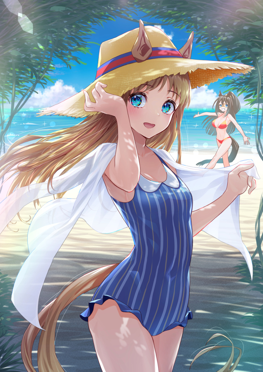 2girls animal_ears beach bikini blue_eyes blue_swimsuit blush breasts brown_hair casual_one-piece_swimsuit cloud covered_navel ears_through_headwear el_condor_pasa_(umamusume) grass_wonder_(umamusume) hand_on_headwear hat highres horizon horse_ears horse_girl horse_tail long_hair looking_at_viewer multiple_girls nabe_saori ocean one-piece_swimsuit open_mouth outdoors red_bikini sand shirt shirt_on_shoulders small_breasts smile solo_focus standing straw_hat swimsuit tail umamusume white_shirt wind