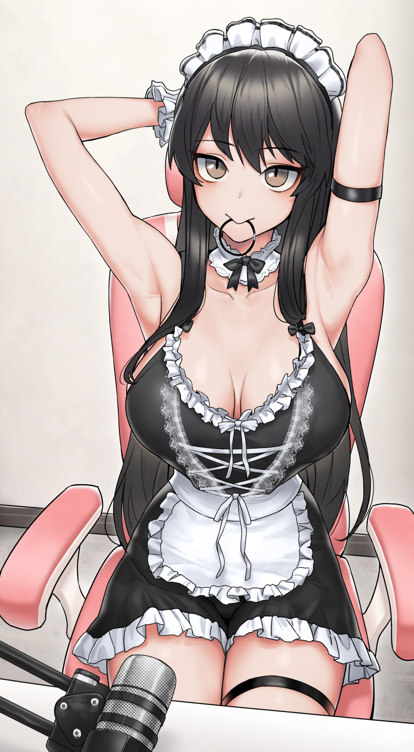 1girl absurdres apron armpits arms_behind_head arms_up bare_arms bare_shoulders black_dress black_hair breasts brown_eyes cain_(gunnermul) chair choker cleavage collarbone dress frilled_apron frilled_choker frilled_dress frills gaming_chair hair_tie_in_mouth highres lace_trim large_breasts long_hair looking_at_viewer maid maid_apron maid_headdress microphone mouth_hold non-web_source novel_illustration official_art original short_dress sidelocks sitting sleeveless sleeveless_dress smile solo thigh_strap thighs very_long_hair wrist_cuffs