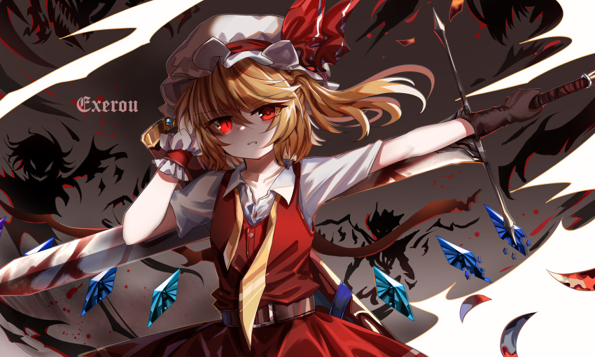 1girl absurdres adapted_costume belt belt_buckle blonde_hair blood blood_on_weapon breasts brown_belt buckle collared_shirt cowboy_shot dress_shirt flandre_scarlet glowing glowing_eyes grey_background hand_in_own_hair hat hat_ribbon highres holding holding_sword holding_weapon looking_at_viewer medium_hair mob_cap multicolored_wings necktie red_eyes red_ribbon red_skirt red_vest ribbon shirt short_sleeves side_ponytail skirt small_breasts solo sword top-exerou touhou vest weapon white_headwear white_shirt wings wrist_cuffs yellow_necktie