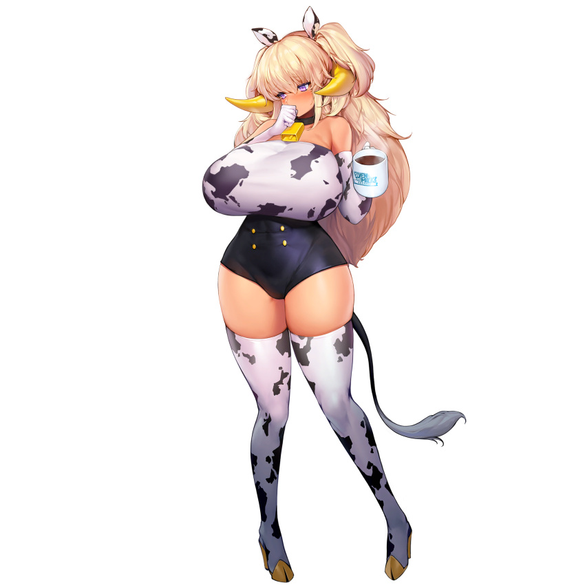 1girl animal_ears animal_print bangs blonde_hair blush boots breasts chocolate_milk cleavage covered_nipples cow_ears cow_girl cow_print cow_tail cup dark_elf dark_elven_forest_ranger elbow_gloves elf english_text full_body game_cg gloves gyaru hair_between_eyes highres horns huge_breasts kogal last_origin long_hair mug mug_writing navel official_art one-piece_swimsuit pointy_ears purple_eyes snowball22 solo swimsuit tachi-e tail thick_thighs thigh_boots thighhighs thighs transparent_background two_side_up white_thighhighs wide_hips