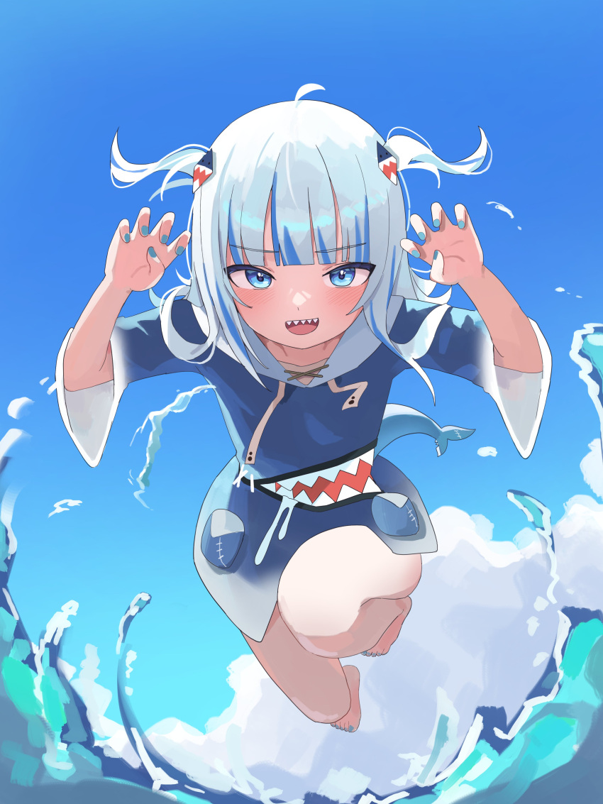 1girl absurdres ahoge animal_hood blue_eyes blue_hair blue_hoodie blue_nails blue_sky breasts claw_pose cloud fish_tail gawr_gura grunel_(grunel_7979) hair_ornament highres hololive hololive_english hood hoodie jumping looking_at_viewer medium_hair multicolored_hair nail_polish shark_girl shark_hair_ornament shark_hood shark_tail sharp_teeth short_twintails sky small_breasts streaked_hair tail teeth toenail_polish toenails twintails water white_hair