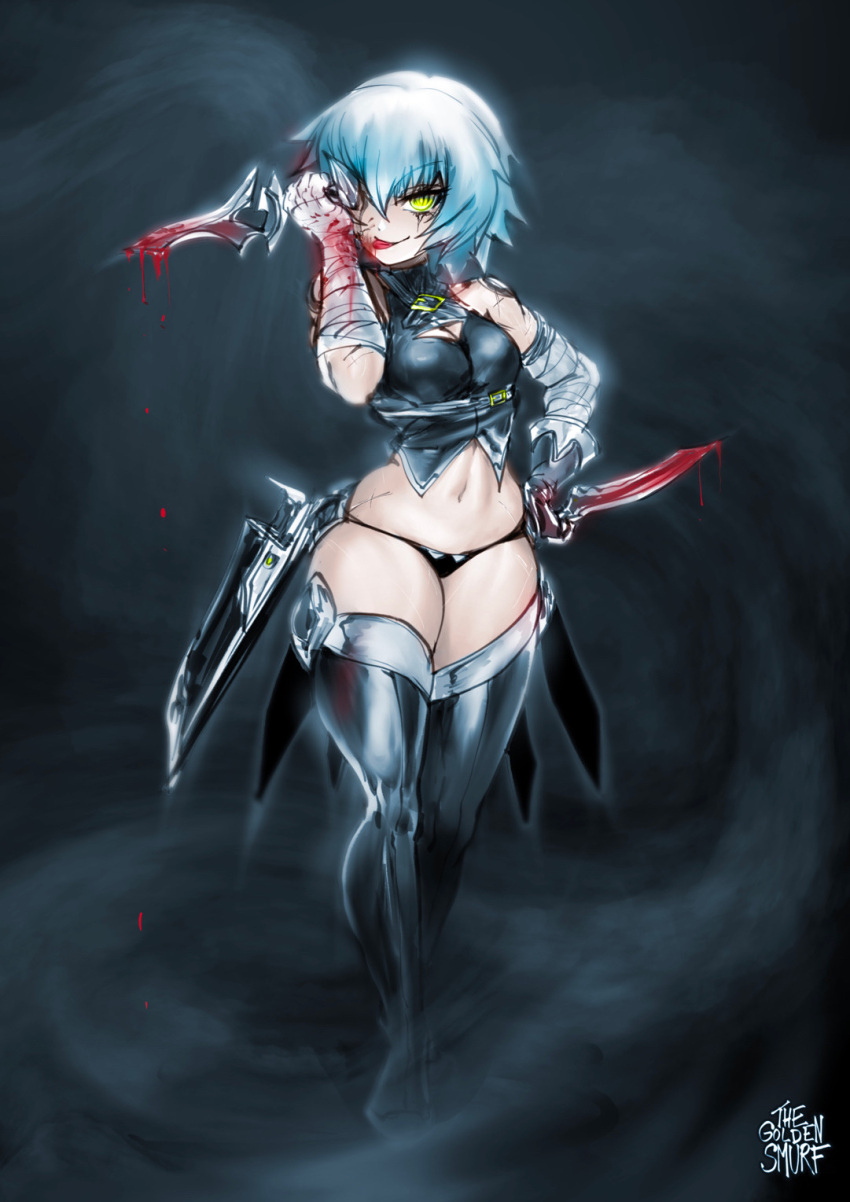 1girl arm_belt bandaged_arm bandages black_panties blood breasts dagger dual_wielding fate/apocrypha fate/grand_order fate_(series) gloves green_eyes highres holding holding_dagger holding_weapon jack_the_ripper_(fate/apocrypha) knife looking_at_viewer lowleg lowleg_panties panties scar scar_across_eye scar_on_cheek scar_on_face short_hair shoulder_tattoo single_glove skindentation small_breasts smile solo tattoo the_golden_smurf tongue tongue_out underwear weapon white_hair