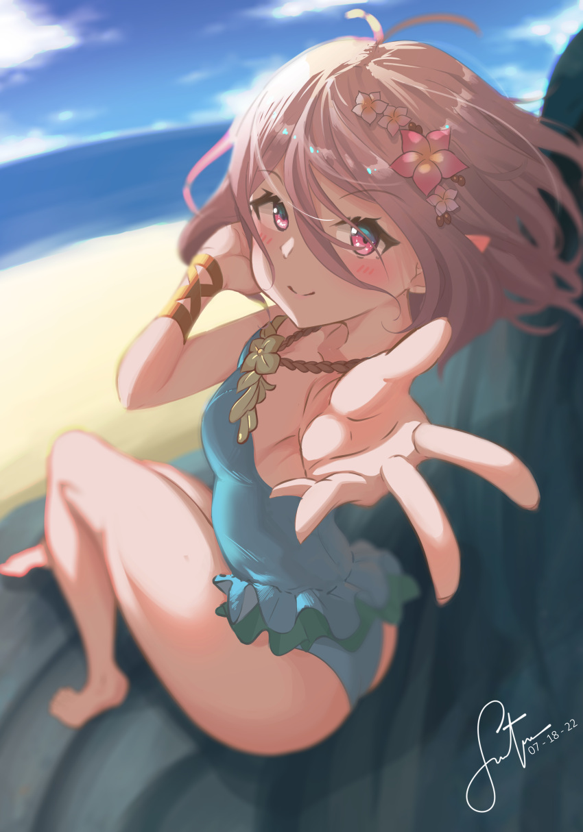 1girl absurdres antenna_hair aqua_swimsuit ass bangs beach blue_sky blurry blush bracelet closed_mouth cloud collarbone dated day elf flower foreshortening frilled_swimsuit frills from_behind hair_between_eyes hair_flower hair_ornament hand_on_own_cheek hand_on_own_face highres horizon jewelry jhaysie kokkoro_(princess_connect!) light_purple_hair looking_at_viewer ocean one-piece_swimsuit outdoors pointy_ears princess_connect! purple_eyes reaching_out short_hair sidelocks signature sitting sky smile solo swimsuit thighhighs water