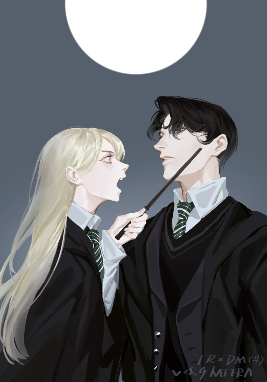 1boy 1girl absurdres artist_name bangs black_coat black_hair black_sweater blonde_hair blue_eyes character_name coat collared_shirt draco_malfoy eye_contact from_side full_moon genderswap genderswap_(mtf) green_necktie grey_background hair_behind_ear hair_over_one_eye hand_up harry_potter_(series) highres hogwarts_school_uniform holding holding_wand long_hair long_sleeves looking_at_another looking_away looking_down meerajebt moon necktie open_mouth profile school_uniform shirt short_hair simple_background slytherin striped_necktie sweater threat time_paradox tom_marvolo_riddle upper_body wand white_shirt