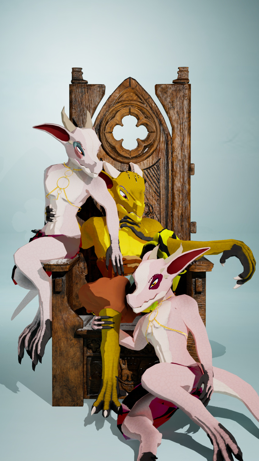 3d_(artwork) absurd_res anthro brother brothers claws clothed clothing digital_media_(artwork) gavit group harem harem_outfit hi_res horn humanoid jewelry kobold kobold_dellarte looking_at_viewer low_poly male reptile scales scalie sibling simple_background smile trio twins