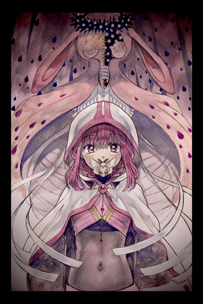 1girl arms_at_sides bandages bangs black_border black_shirt blush bodystocking border braid bug cloak covered_mouth crop_top doppel_(madoka_magica) dot_nose giovanna_(madoka_magica) highres hood hood_up hooded_cloak looking_at_viewer magia_record:_mahou_shoujo_madoka_magica_gaiden mahou_shoujo_madoka_magica midriff mixed-language_commentary moth navel pink_eyes pink_gemstone pink_hair pink_trim shirt shitori_egumo_(madoka_magica) side_braids sidelocks solo tamaki_iroha turtleneck twin_braids upper_body uwded_207 white_cloak