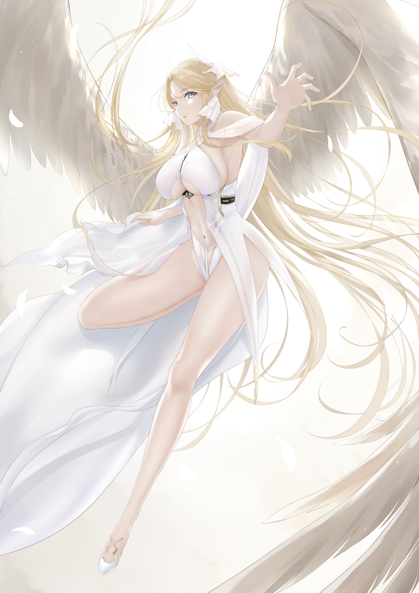 1girl absurdres angel_wings azur_lane blonde_hair blue_eyes breasts brest_(azur_lane) cleavage highres large_breasts leotard long_hair navel pointy_ears revealing_clothes shigatsu_(4gate) solo thighs white_footwear white_leotard wings