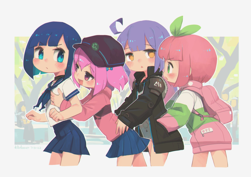 4girls :/ :d :o ahoge backpack bag bangs black_choker blue_eyes blue_hair blue_skirt blunt_bangs blush choker clenched_hands commentary cropped_legs english_commentary flat_chest flat_chest_grab from_side frown grabbing grabbing_from_behind green_eyes green_ribbon hair_ribbon hand_in_another's_pocket hands_on_another's_waist hat highres jacket long_sleeves looking_at_another multiple_girls open_mouth original outline pink_eyes pink_hair pleated_skirt porforever purple_hair ribbon school_uniform serafuku short_hair short_sleeves skirt smile triangle_mouth white_outline yellow_eyes