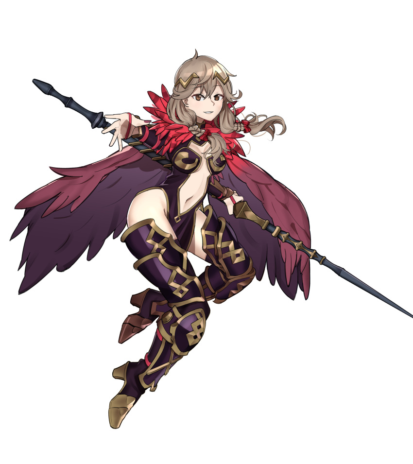 1girl absurdres alternate_costume armor armored_boots armored_dress boots braid breasts brown_eyes cape circlet cleavage ebinku effie_(fire_emblem) eyebrows_visible_through_hair fire_emblem fire_emblem_echoes:_mou_hitori_no_eiyuuou full_body high_heel_boots high_heels highres light_brown_hair looking_at_viewer medium_breasts medium_hair navel navel_cutout nintendo outstretched_hand pelvic_curtain polearm purple_legwear sidelocks simple_background smile solo thigh_boots thighhighs thighs twin_braids weapon white_background