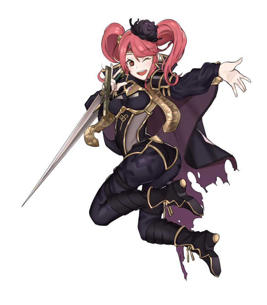 1girl alternate_costume ass asymmetrical_bangs bangs black_footwear bodysuit boots breastplate breasts cape ebinku eyebrows_visible_through_hair fire_emblem fire_emblem_echoes:_mou_hitori_no_eiyuuou flower full_body hair_flower hair_ornament highres jumping looking_at_viewer mae_(fire_emblem) medium_breasts medium_hair nintendo one_eye_closed outstretched_hand pink_hair red_eyes simple_background smile solo sword torn_cape torn_clothes twintails weapon white_background