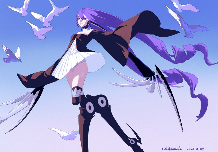 1girl absurdres animal bangs bare_shoulders bird blade blue_background breasts chipmuck choker claw_(weapon) cyborg dove dress drill_hair feet_out_of_frame floating_clothes floating_hair forever_7th_capital hair_between_eyes highres layered_dress lim_(forever_7th_capital) long_hair looking_at_viewer mechanical_legs mechanical_parts off_shoulder pleated_dress prosthesis prosthetic_arm prosthetic_leg purple_hair short_dress smile solo standing thighhighs twin_drills upskirt very_long_hair walking weapon white_dress wide_sleeves
