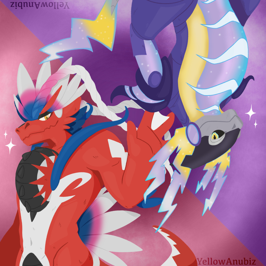 2022 absurd_res anthro athletic digital_media_(artwork) dragon duo hi_res hybrid koraidon legendary_pok&eacute;mon lizard male miraidon nintendo nude pok&eacute;mon pok&eacute;mon_(species) pokemon_scarlet pokemon_violet reptile scalie simple_background video_games watermark yellowanubiz