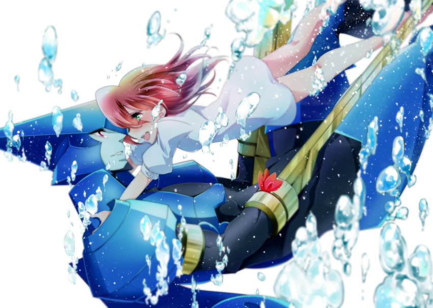 1boy 1girl :d air_bubble android arm_blade asagi_marin blue_skin blush brigadoon brown_hair bubble colored_skin dress eye_contact green_eyes hetero hug looking_at_another melan_blue red_eyes shino-o short_sleeves smile underwater weapon white_background white_dress