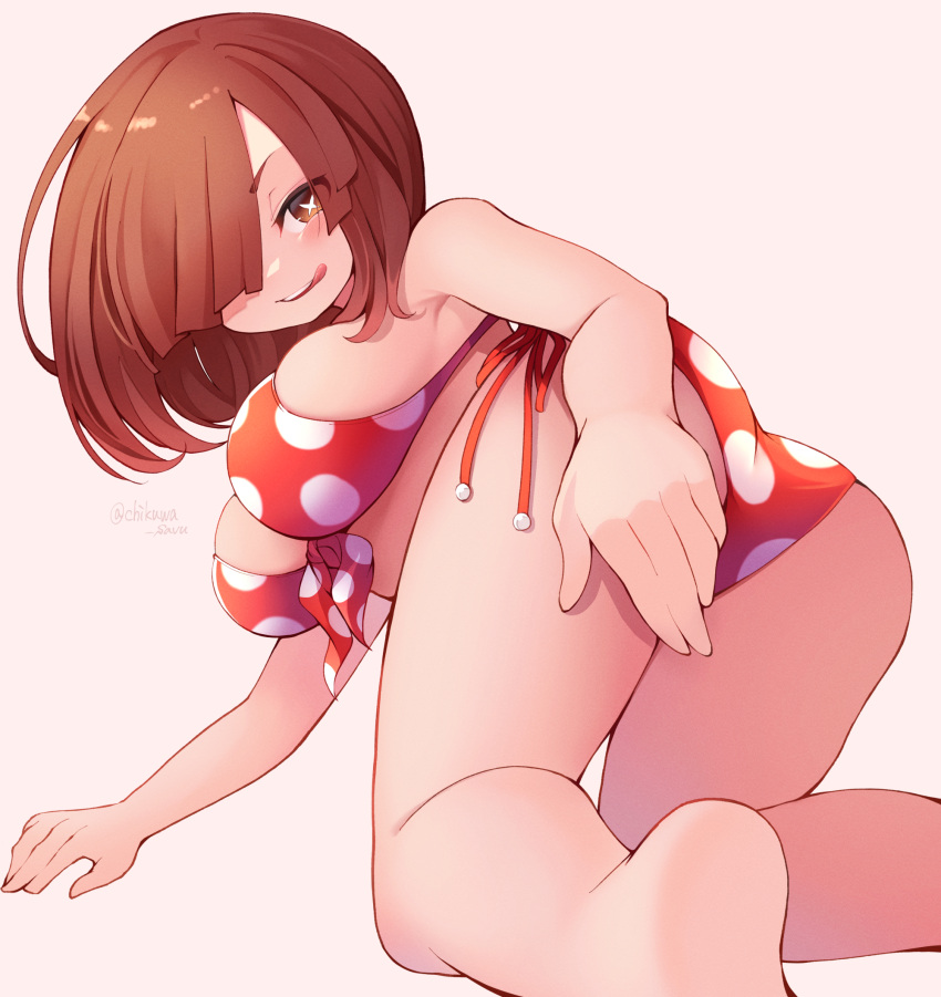 1girl ass bangs bent_over bikini boku_no_hero_academia breasts brown_eyes brown_hair chikuwa_savy from_behind hair_over_one_eye highres komori_kinoko looking_at_viewer no_hat no_headwear polka_dot polka_dot_bikini red_bikini side-tie_bikini simple_background solo swimsuit symbol-shaped_pupils white_background x-shaped_pupils