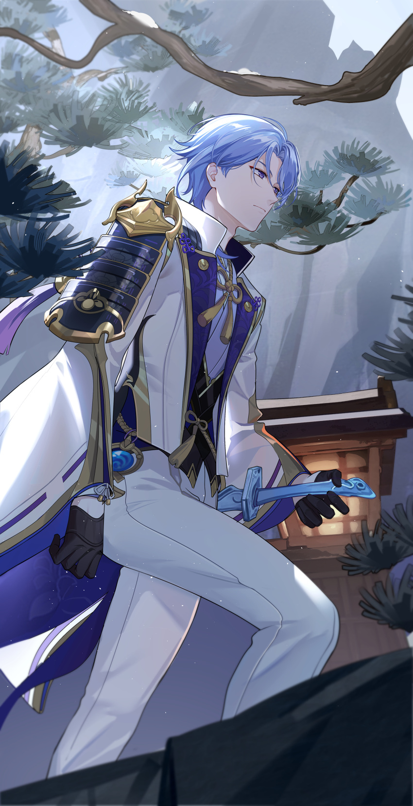 1boy absurdres armor bangs black_gloves black_vest blue_hair branch closed_mouth commentary_request day ei_(user_sjgf2435) expressionless feet_out_of_frame flower_knot genshin_impact gloves gold_trim hair_over_shoulder half_gloves highres jacket japanese_armor japanese_clothes kamisato_ayato kimono lantern lapels long_sleeves looking_away male_focus medium_hair mole mole_under_mouth open_clothes open_jacket outdoors pants parted_bangs purple_eyes rope shoulder_armor sidelocks solo standing stone swept_bangs tassel vest vision_(genshin_impact) walking white_jacket white_pants wide_sleeves