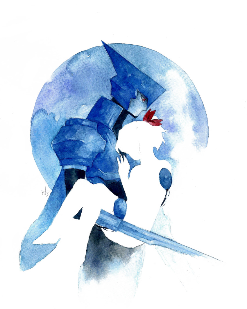 android asagi_marin blue_skin bow brigadoon carrying colored_skin crying english_commentary faux_traditional_media highres melan_blue princess_carry red_bow red_eyes silhouette standing unca_black white_background