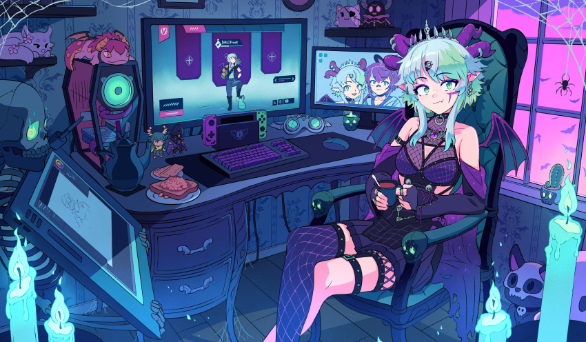 1girl apex_legends bare_shoulders beans blue_fire bread_slice breasts bsapricot_(vtuber) bug candle chair computer cup desk drawing_tablet fang feet_out_of_frame fire fuse_(apex_legends) green_eyes green_hair haruka_karibu highres holding holding_cup horns indie_virtual_youtuber indoors jewelry kevin_hong keyboard_(computer) looking_at_viewer medium_breasts melody_(projektmelody) monitor mouse_(computer) multiple_horns plate pointy_ears projektmelody ring silk silvervale single_thighhigh sitting skeleton skin_fang skirt spider spider_web switch teapot thighhighs tiara vshojo window wings zentreya_(vtuber)