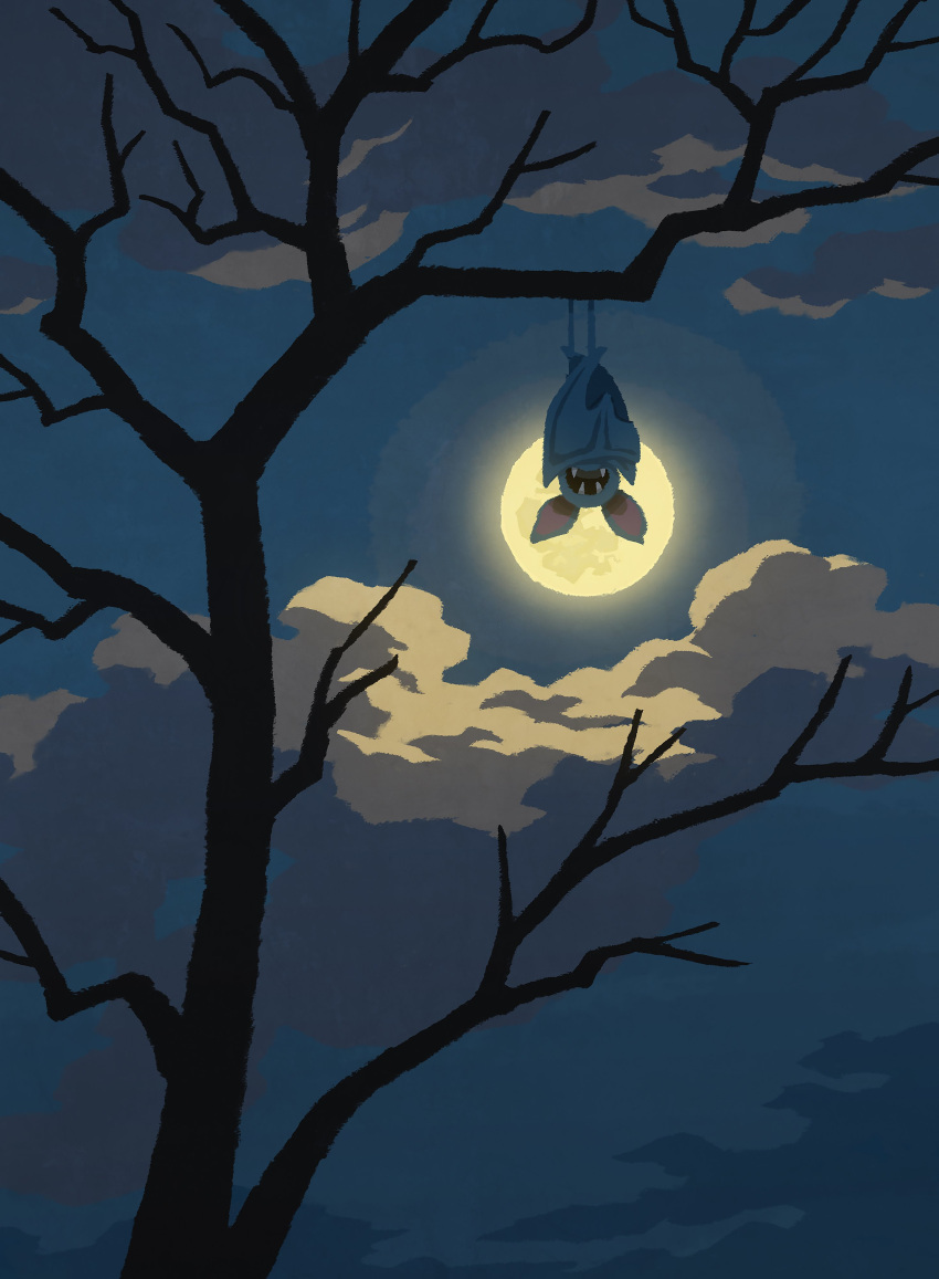 absurdres bare_tree cloud fangs full_moon highres hyogonosuke moon night no_humans open_mouth outdoors pokemon pokemon_(creature) sky solo tree upside-down zubat