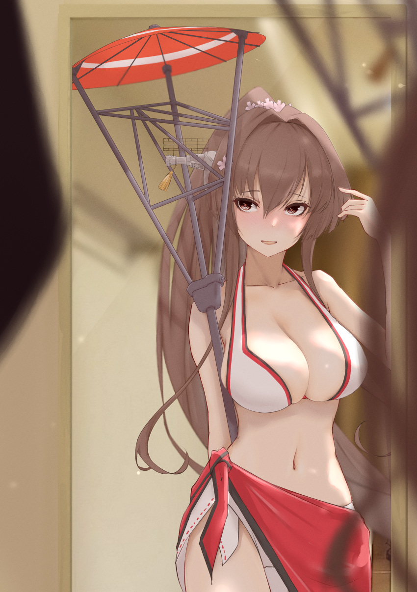 1girl absurdres bikini breasts brown_hair cherry_blossoms collarbone flower hair_between_eyes hair_flower hair_intakes hair_ornament headgear highres holding holding_umbrella kantai_collection large_breasts long_hair mirror navel neve official_alternate_costume oil-paper_umbrella ponytail red_sarong red_umbrella reflection sarong sidelocks solo swimsuit umbrella very_long_hair white_bikini yamato_(kancolle)