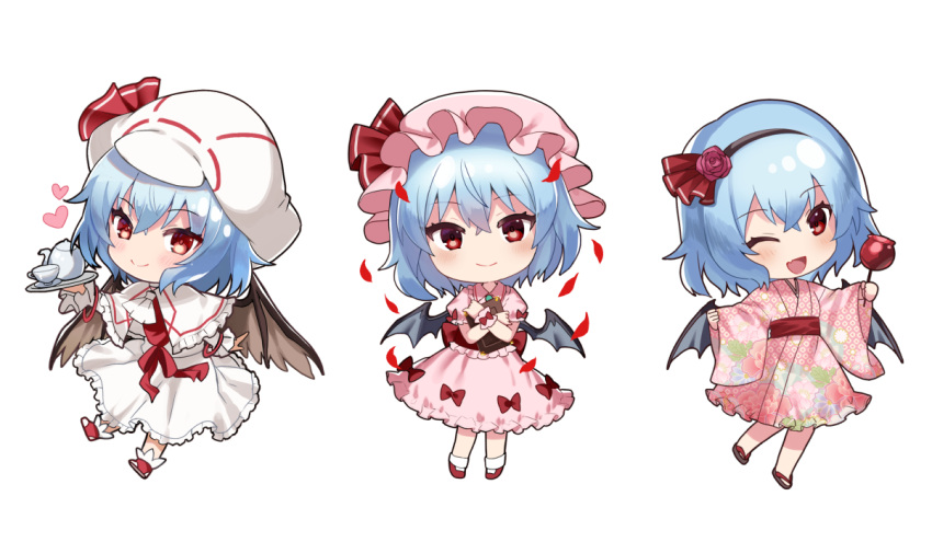 1girl alternate_costume arm_up ascot bangs bat_wings belt black_hairband blue_hair book bow brown_footwear candy_apple capelet chibi closed_mouth collared_dress crossed_arms crossed_bangs cup dress dress_bow fang flower food full_body gem green_gemstone hair_between_eyes hair_flower hair_ornament hair_ribbon hairband hand_up hands_up hat hat_ribbon heart hug japanese_clothes jewelry kettle kimono long_sleeves looking_at_viewer mob_cap official_alternate_costume one_eye_closed open_mouth petals pink_dress pink_flower pink_headwear pink_kimono pink_rose puffy_long_sleeves puffy_short_sleeves puffy_sleeves red_belt red_bow red_eyes red_footwear red_ribbon remilia_scarlet ribbon rose shoes short_hair short_sleeves simple_background slippers smile socks solo standing tea touhou tray white_ascot white_background white_capelet white_dress white_headwear white_socks wide_sleeves wings wrist_cuffs yuki_(popopo)