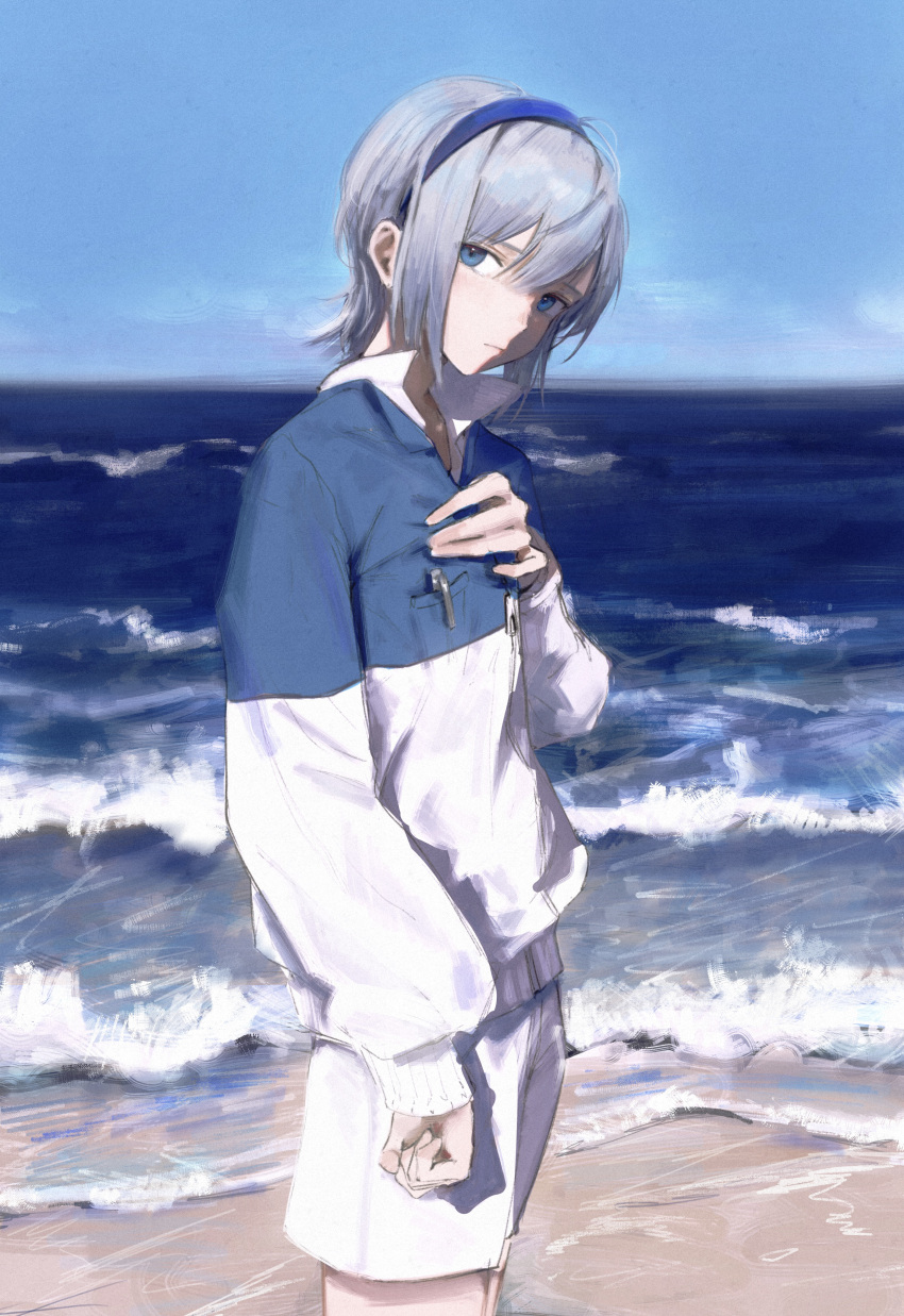 1girl 7ife absurdres beach blue_eyes blue_hair blue_hairband blue_shirt blue_sky closed_mouth commentary cowboy_shot english_commentary from_side hairband hand_on_own_chest headband highres long_sleeves looking_at_viewer looking_to_the_side ocean original outdoors pocket shirt shorts sky solo waves white_shirt white_shorts