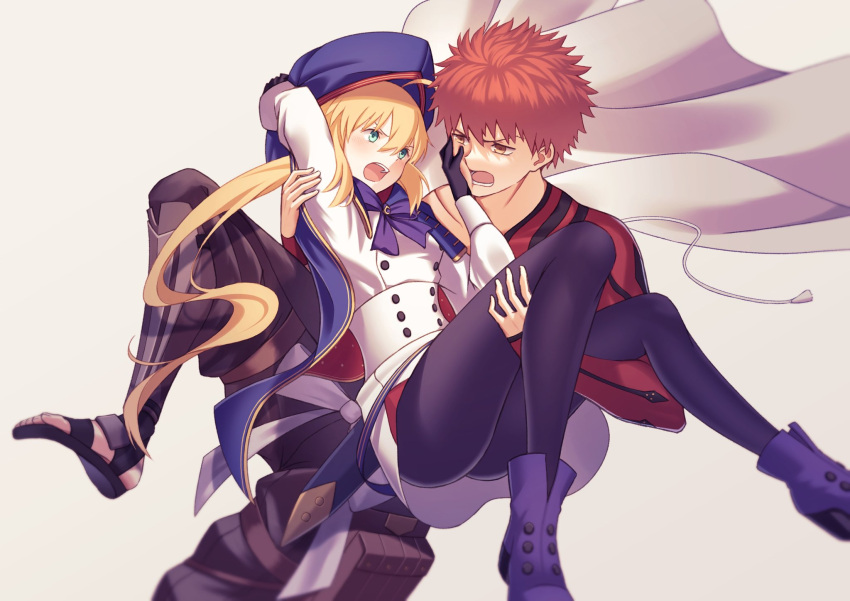 1boy 1girl ahoge annoyed artoria_caster_(fate) artoria_caster_(second_ascension)_(fate) artoria_pendragon_(fate) bangs blonde_hair blue_ribbon blurry blush boots brown_eyes carrying cloak coat depth_of_field emiya_shirou fate/grand_order fate_(series) gloves green_eyes hand_on_another's_face hat highres ka_ki_o open_mouth pantyhose princess_carry red_hair ribbon senji_muramasa_(fate) simple_background spiked_hair white_background