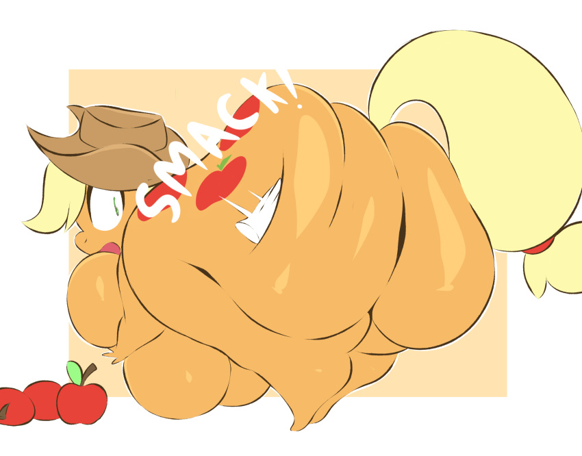 anthro apple applejack_(mlp) arizonathevixen bent_over big_breasts big_butt blonde_hair breasts butt butt_squish clothing cowboy_hat cutie_mark disembodied_hand duo earth_pony english_text equid equine exclamation_point female friendship_is_magic green_eyes hair hand_on_butt hasbro hat headgear headwear hi_res horse huge_breasts huge_butt huge_thighs hyper hyper_breasts hyper_butt hyper_hips hyper_thighs looking_back mammal my_little_pony nude onomatopoeia open_mouth pony slap solo_focus sound_effects spanking squish text thick_thighs wide_hips